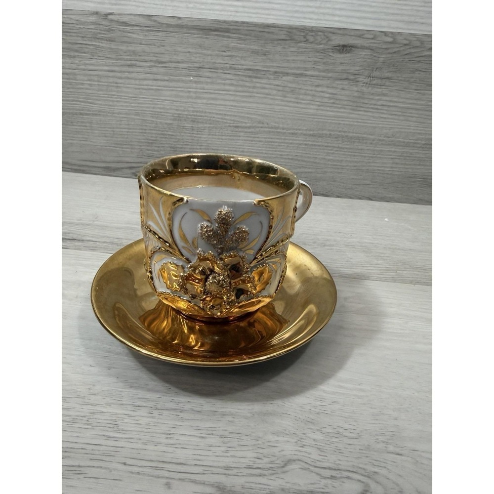 24KT Gold Porcelain Tea Cup Saucer Raised Floral Relief Baroque White
